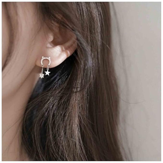 Crystal Cat Studs Earrings Silver Crystal Star Dangle Earrings Boho Rhinestone Drop Earrings Natural Inspired Animal Earrings Jewelry for Women and Girls Cat Lover Gifts-VivaGrace Women