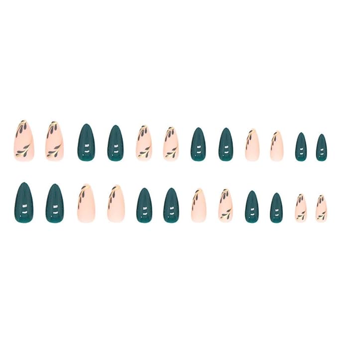 Green Press on Nails Gold Medium Almond Fake Nails Green Leaf Glue on Nails Glossy Spring Nails Artificial Acrylic Nails Press on Reusable Summer False Nails for Women Girls Manicure 24pcs