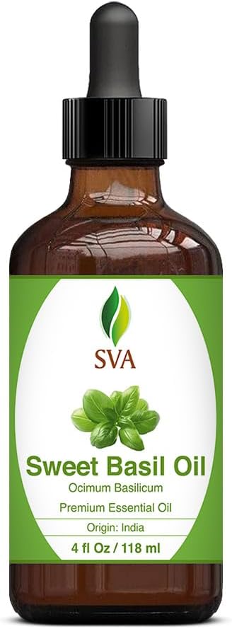 SVA Sweet Basil Essential Oil – 4 Fl Oz – 100% Natural Basil Oil - for Diffuser, Hair Care, Face, Skin Care, Aromatherapy, Scalp and Body Massage, Soap and Candle Making – with Dropper-VivaGrace Women