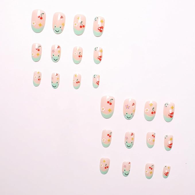 Cute Almond Press on Nails Short Green French Tip Fake Nails Summer False Nails with Frog Designs Flowers Cherry Acrylic Nails Glossy Glue on Nails Mushroom Reusable Stick on Nails 24 Pcs