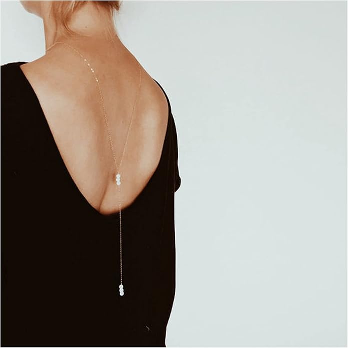 Boho Pearl Back Chain Necklace Gold Backdrop Necklace Body Chain Summer Beach Body Jewelry for Women and Girls Gifts-VivaGrace Women