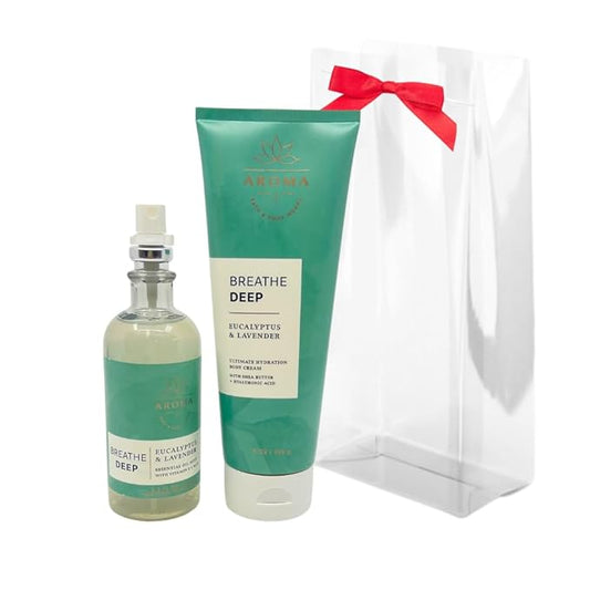 Bath & Body Works Aromatherapy Breathe Deep Eucalyptus & Lavender Gift Set with a Red Bow for Holidays & Gifts – Essential Oil Mist & Body Cream-VivaGrace Women