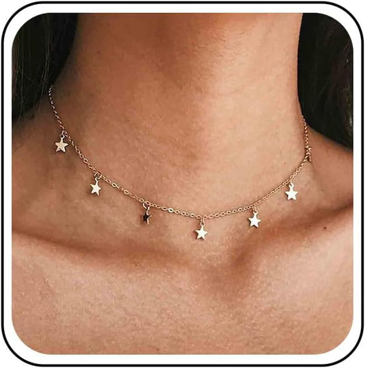 Boho Star Choker Necklace Gold Star Dangle Necklace Chain Short Minimalist Necklace Gold Collarbone Necklace Jewelry for Women Gifts-VivaGrace Women
