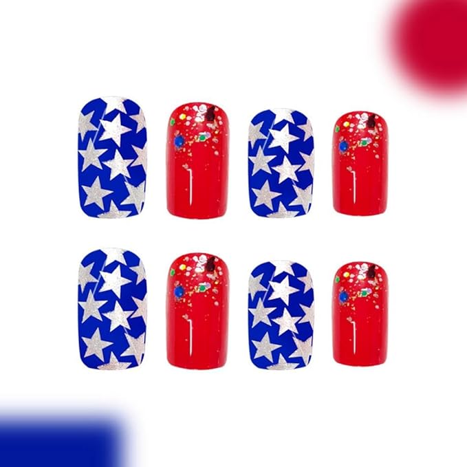 Independence Day Press on Nails Short Square Fake Nails with Glitter Star Design Glossy Red Blue False Nails Summer Stick on Nails Full Cover 4th of July Acrylic Nails for Women Girls Manicure 24Pcs