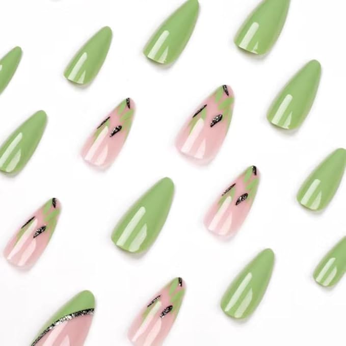 Green Press on Nails Medium Almond Fake Nails with Design Green Leaf Glue on Nails Cute False Nails Glossy Nails Tips Full Cover Acrylic Stick on Nails for Women Girls Manicure 24pcs