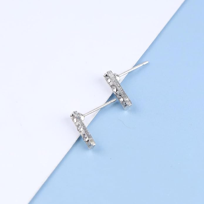 Geometric Crystal Bar Earrings Silver Cz Bar Stick Earrings Cz Rhinestone Bar Stud Earrings Silver Minimalist Earrings Jewelry for Women and Girls-VivaGrace Women