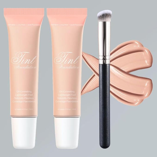 2 Pack Liquid Foundation Cream with Foundation Brush for Face Makeup,Durable Full Coverage Matte Concealer Make Up,Oil Control & Waterproof Base Primer -1 Fl.Oz (#03)-VivaGrace Women