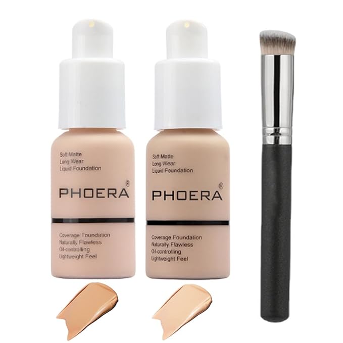 2 Pcs Phoera Foundation Makeup 102 and 104 Liquid Full Coverage 24HR Matte Oil Control Foundation Makeup Concealer (Nude & Buff Beige) with Kabuki Foundation Brush Flat Top-VivaGrace Women