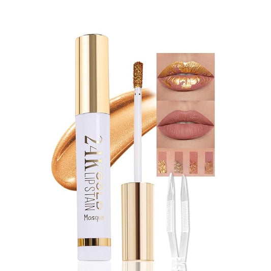2025 New 24K Gold Liquid Lip Gloss Peel Off Lip Stain Tattoo with Tweezer, Ruby Red Lips Stain Peel Off Masque, Long Lasting Waterproof Lip Tint Stain, Transfer-proof for All Skin Types 03#-VivaGrace Women