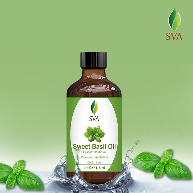 SVA Sweet Basil Essential Oil – 4 Fl Oz – 100% Natural Basil Oil - for Diffuser, Hair Care, Face, Skin Care, Aromatherapy, Scalp and Body Massage, Soap and Candle Making – with Dropper-VivaGrace Women