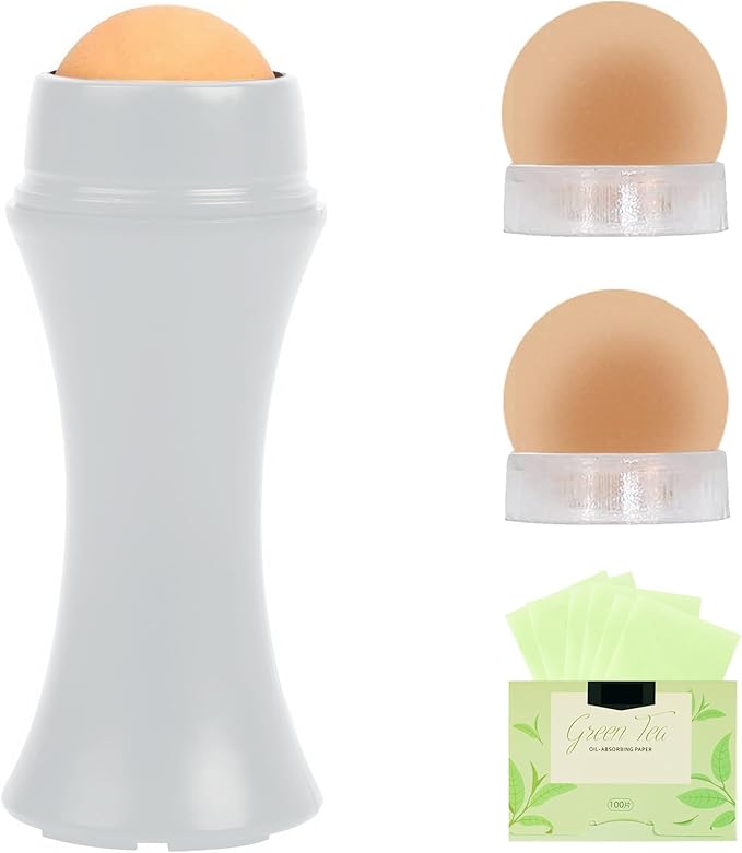 Oil-Absorbing Volcanic Face Roller set with blotting paper and 2PC Replaceable Volcanic Balls,Reusable Portable Oily Skin Control Roller, Instant Results Remove Excess Shine Rolling (White Set)-VivaGrace Women