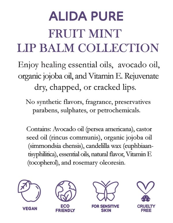 Fruit Mint Lip Balm Collection, Vegan Lip Balm Set, Bees Wax Free, Coconut Oil Free, Avocado Oil, Organic Jojoba Oil, Vitamin E, Natural Moisturizer For Dry Cracked Lips, 3 Tube Set-VivaGrace Women