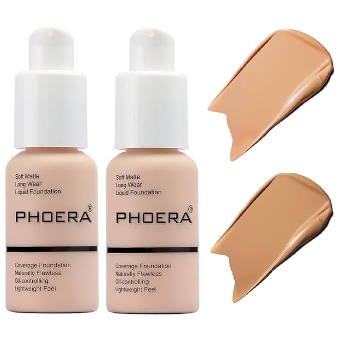 2 Pack PHOERA Foundation,Matte Oil Control Concealer Foundation Cream,PHOERA Long Lasting Waterproof Matte Liquid Foundation for Women Girls (104 Buff Beige+105 Sand)-VivaGrace Women