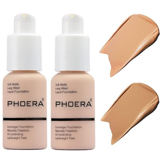 2 Pack PHOERA Foundation,Matte Oil Control Concealer Foundation Cream,PHOERA Long Lasting Waterproof Matte Liquid Foundation for Women Girls (104 Buff Beige+105 Sand)-VivaGrace Women