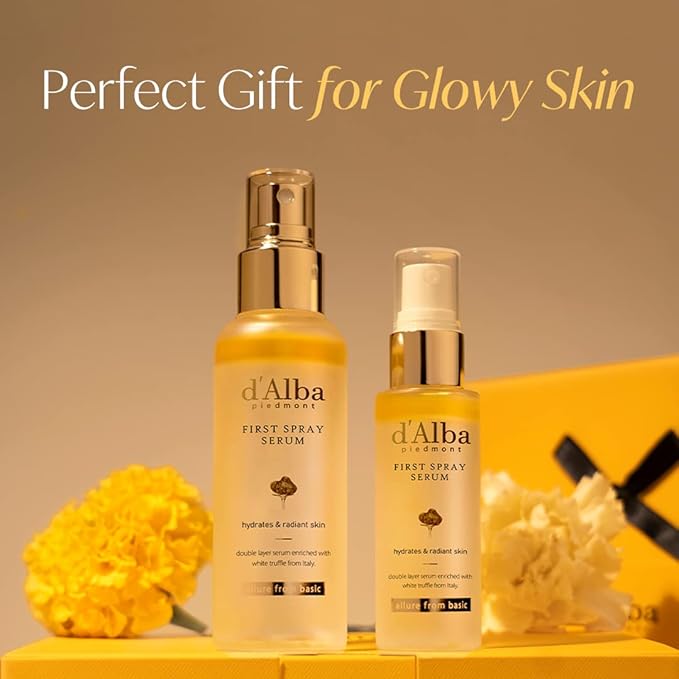 d'Alba Travel Essencial Gift Set, White Truffle First Spray Serum Full Size & Travel Size with Yellow Pouch, Korean Skin Care-VivaGrace Women