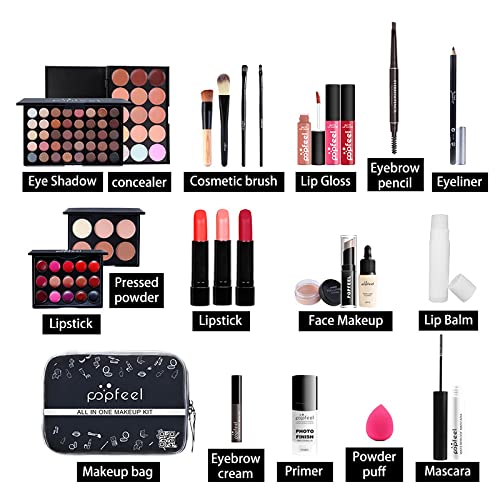 All in One Makeup Kit for Women Full Kit Girls Makeup Gift Sets Xmas Essential Bundle Include Eyeshadow Palette Lipstick Blush Concealer Eyeliner Mascara Foundation Brush Eyebrow Pencil-VivaGrace Women