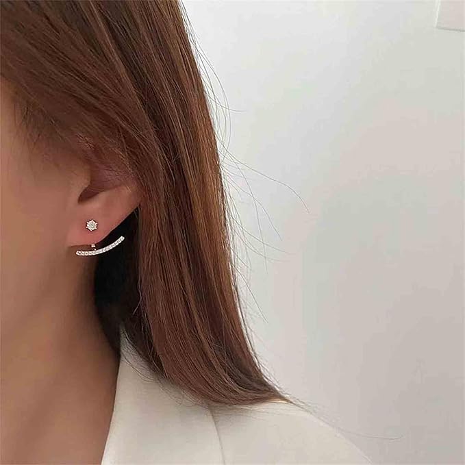 Crystal Bar Ear Climber Earrings Silver Rhinestone Ear Jacket Earrings Boho Bar Ear Crawlers Earrings Minimalist Geometric Moon Earrings Jewelry for Women and Girls-VivaGrace Women