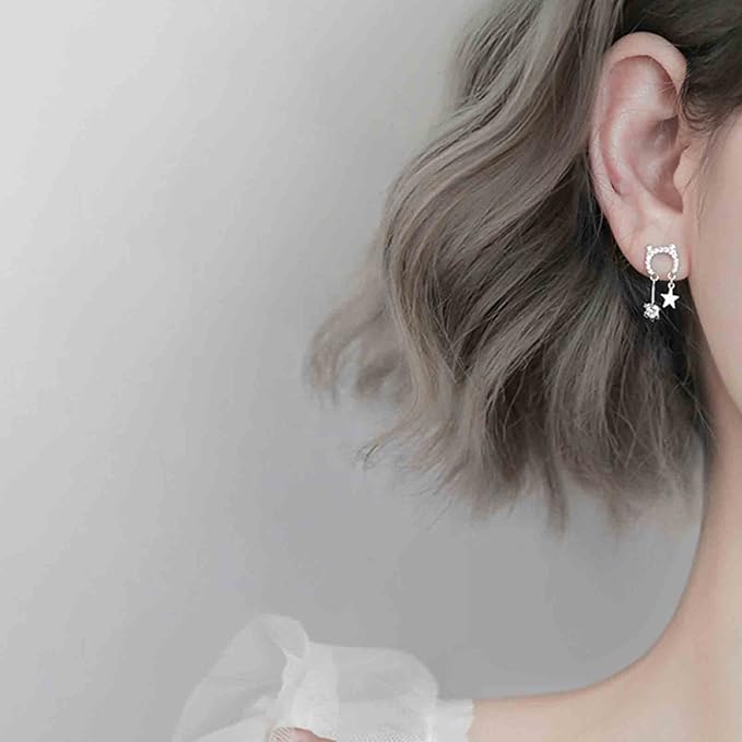 Crystal Cat Studs Earrings Silver Crystal Star Dangle Earrings Boho Rhinestone Drop Earrings Natural Inspired Animal Earrings Jewelry for Women and Girls Cat Lover Gifts-VivaGrace Women