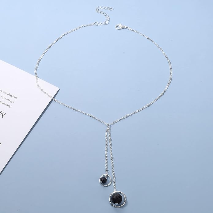 Boho Lava Stone Necklace Chain Silver Layered Chain Y Necklace Lava Bead Lariat Necklace Anxiety Essential Oil Diffuser Necklace Jewelry for Women-VivaGrace Women
