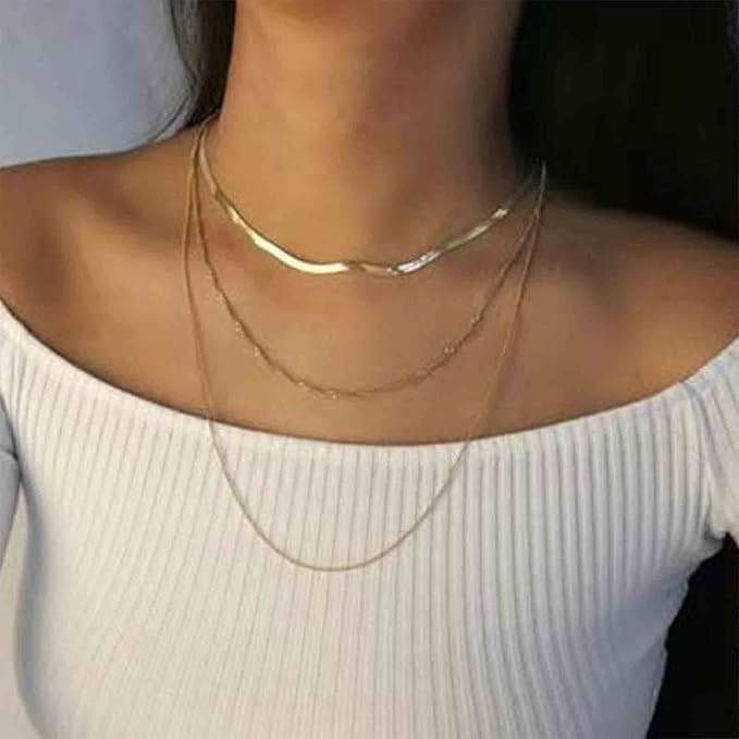 Punk Layered Chain Necklace Gold Flat Snake Chain Necklace Choker Vintage Herringbone Necklace Stacking Chunky Necklace Chain Jewelry for Women and Girls Gift-VivaGrace Women
