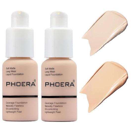 2 Pack PHOERA Foundation Makeup For Older Women,Flawless Soft Matte Liquid Foundation 24 HR Oil Control Concealer Foundation Makeup(101 Porcelain+102 Nude)-VivaGrace Women