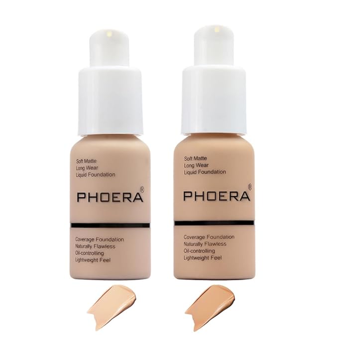 2 Pcs Phoera Foundation Makeup 102 and 104 Liquid Full Coverage 24HR Matte Oil Control Foundation Makeup Concealer (Nude & Buff Beige) with Kabuki Foundation Brush Flat Top-VivaGrace Women