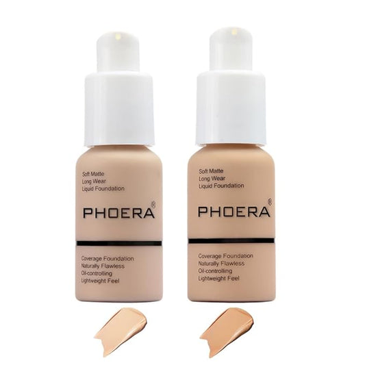 2 Pcs Phoera Foundation Makeup 102 and 104 Liquid Full Coverage 24HR Matte Oil Control Foundation Makeup Concealer (Nude & Buff Beige) with Kabuki Foundation Brush Flat Top-VivaGrace Women