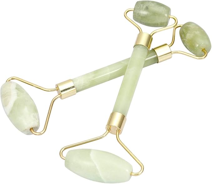 Rockcloud Natural Crystal Stone Roller Massager Double Neck Face & Neck Massage Therapy Anti-Aging Wrinkle Healing Slimming Skincare Tool, Xiuyan Jade-VivaGrace Women