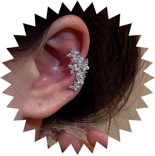 Vintage Crystal Pearl Ear Cuff Earrings Rhinestone Butterfly Cuff Wrap Earrings Cz Butterfly Ear Climber Cuff Earrings Silver Pearl Cz Non Piercing Earring Jewelry for Women(Left)-VivaGrace Women