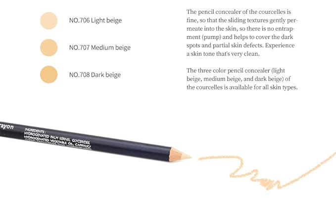 [K-Beauty Makeup] Courcelles Concealer Pencil CC706/CC707/CC708, Hard type-Natural Cover, light, medium, dark beige (CC707-Medium Beige)-VivaGrace Women