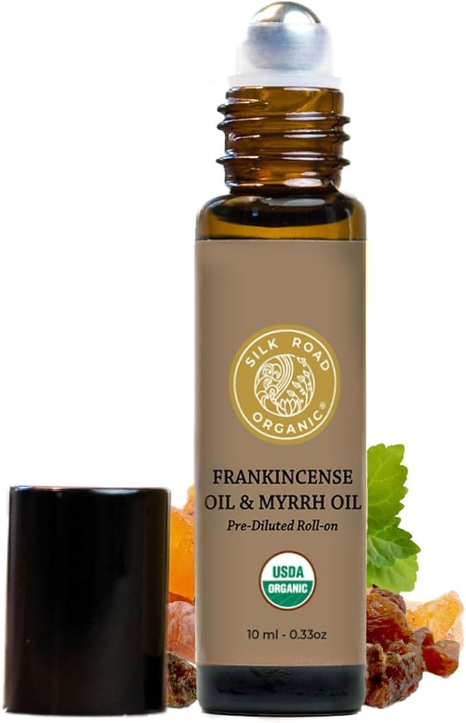 Silk Road Organic Frankincense Oil & Myrrh Essential Oil Roll On, 100% Pure USDA Certified Aromatherapy for Body Aches, Stiffness & Tingling, Stress Relief, & Skin - 10 ml Roller-VivaGrace Women
