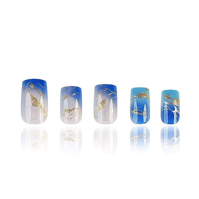 Medium Press on Nails Square Fake Nails with Glue Glossy Acrylic False Nails with Gold Glitter Designs Ice-Transparent Blue Gradient Glossy Artificial Nails Stick on Nails for Women 24Pcs