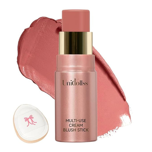 Multi-Use Makeup Cream Blush Stick, Unidollss 3-in-1 Buildable Blush Stick for Cheeks, Eyes, and Lips, Hydrating formula, All day wear, Easy Application with Thumb Puff Included (02 INFATUATION)-VivaGrace Women