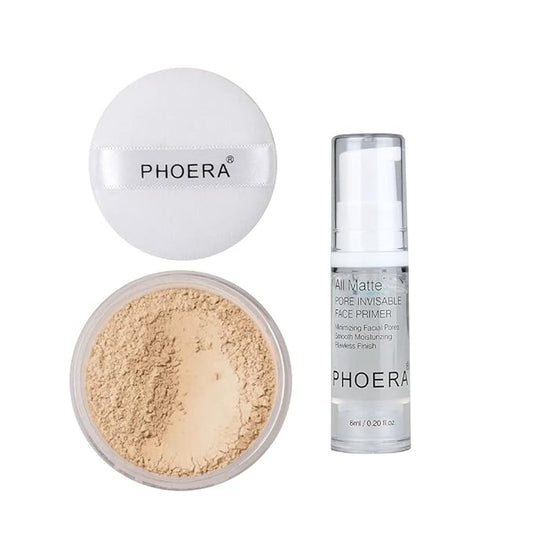 2 Pcs PHOERA Setting Powder and Face Primer, Control Oil Brighten Skin Color Cover Face Setting Loose Powder。 (02 Cool Beige + makeup primer)-VivaGrace Women