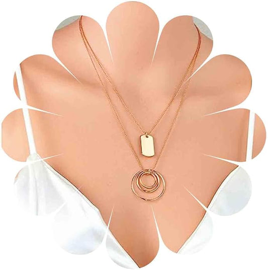 Vintage Layered Square Pendant Necklace Multi Circle Necklace Gold Square Choker Necklace Layer Circle Necklace Jewelry for Women-VivaGrace Women