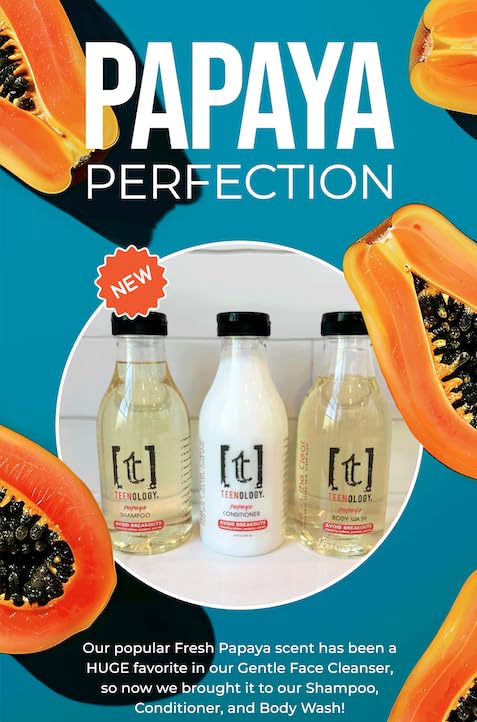 Teenology Shampoo for Teens - Avoid Forehead and Body Acne - No Sulfates or Parabens, Noncomedogenic, Natural Botanical Extracts, 16 oz. (Fresh Papaya)-VivaGrace Women