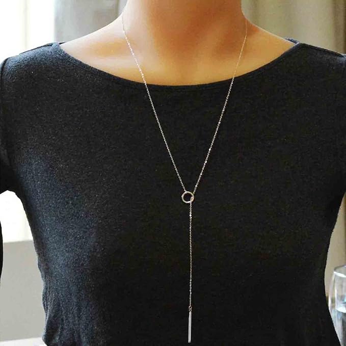 Boho Circle Bar Lariat Necklace Silver Drop Bar Y Necklace Open Circle Necklace Long Vertical Bar Necklace Chain Jewelry for Women and Girls Gifts-VivaGrace Women