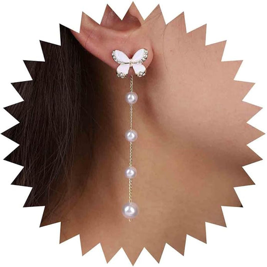 Vintage Butterfly Pearl Drop Earrings Gold Pearl Chain Earrings Long Pearl Tassel Earrings White Butterfly Stud Earrings Wedding Pearl Earrings Jewelry for Women-VivaGrace Women