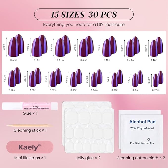 Aurora Chrome Purple Press On Nails Short Almond 30 Pcs, Designer Reusable Acrylic Fake Nails with Glue, Glossy Soft Gel Nails Wedding and Party, Stick On Glue On Nails, Nails fro Women Gift