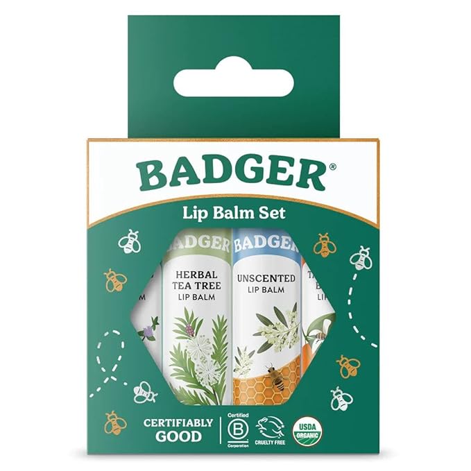 Badger - Classic Lip Balm Green Box, Made with Organic Olive Oil, Beeswax & Rosemary, Natural Lip Balm Variety Pack, Certified Organic, Moisturizing Lip Balm, 0.15 oz each - 4 pack-VivaGrace Women