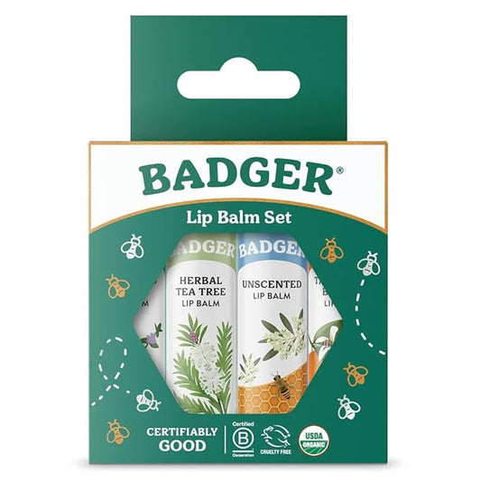 Badger - Classic Lip Balm Green Box, Made with Organic Olive Oil, Beeswax & Rosemary, Natural Lip Balm Variety Pack, Certified Organic, Moisturizing Lip Balm, 0.15 oz each - 4 pack-VivaGrace Women