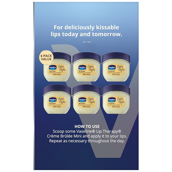 Vaseline Lip Therapy Creme Brulee Mini, White Petrolatum, Advanced Moisturizer, Relieves Dull and Dry Skin, Mini Vaseline Petroleum Jelly, Soft & Smooth Vaseline Lips (Pack of 6-0.25 Oz Ea) -VivaGrace Women