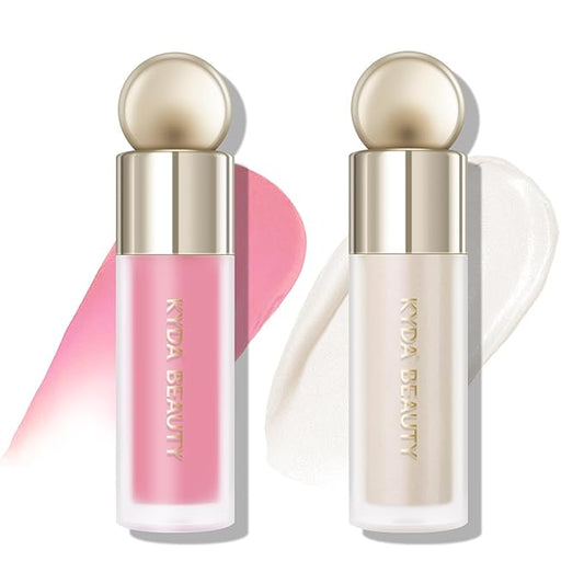 KYDA 2 Colors Liquid Blush and Highlighter, Natural Matte Face Blush High Glossy Liquid Illuminator, Silky Lightweight Blendable, Cool Pink & Champagne-VivaGrace Women