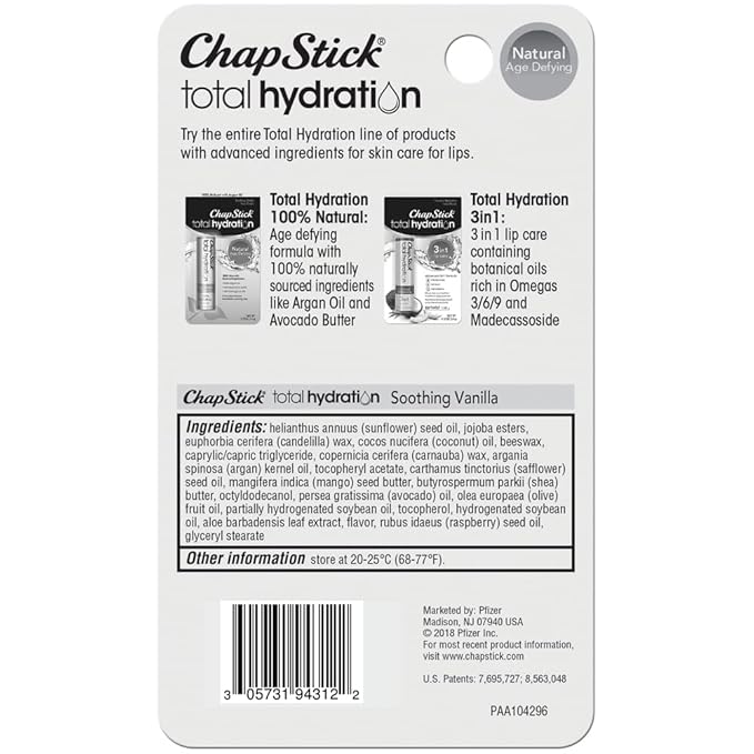 ChapStick Total Hydration Soothing Vanilla Moisturizing Lip Balm Tube, Lip Care with Argan Oil - 0.12 Oz-VivaGrace Women