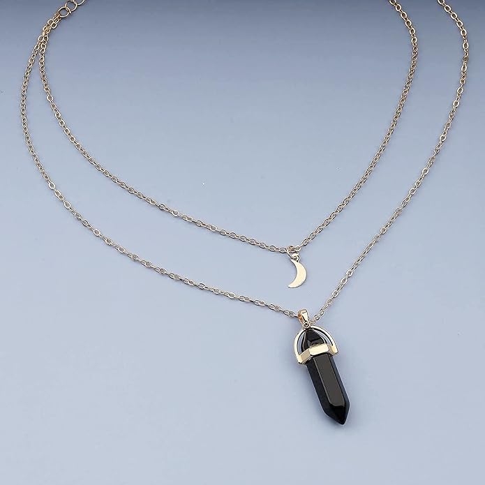 Boho Layered Moonstone Necklace Chain Gold Moon Pendant Necklace Black Hexagonal Stone Necklace Jewelry for Women-VivaGrace Women