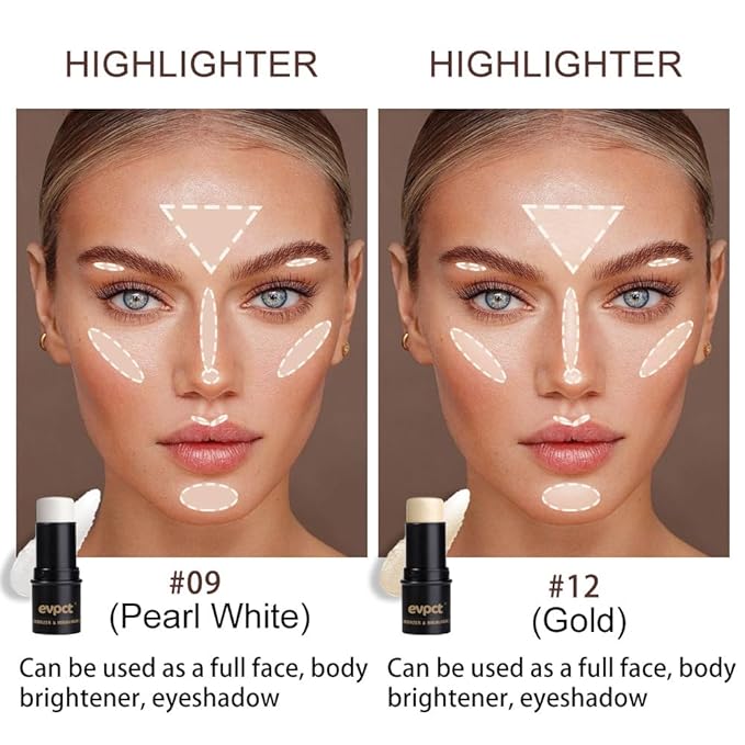 evpct 2Pcs Face Cream Makeup Highlighter Highlight Contour Stick Pearl White & Gold Glitter Contouring Highlighter Makeup Stick and Contour Illuminator Highly Piamented Long Lasting Skin Brighten 9+12-VivaGrace Women