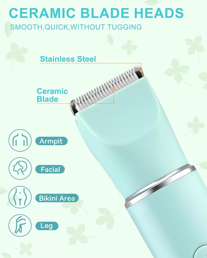 Bikini Trimmer for Women,2-in-1 Painless Electric Razors & Shaver Nose,IPX7 Waterproof,Body Hair Trimmer for Underarm/Pubic/Nose/Legs,USB-C Rechargeable Women's Grooming Kit (Mint Green)-VivaGrace Women
