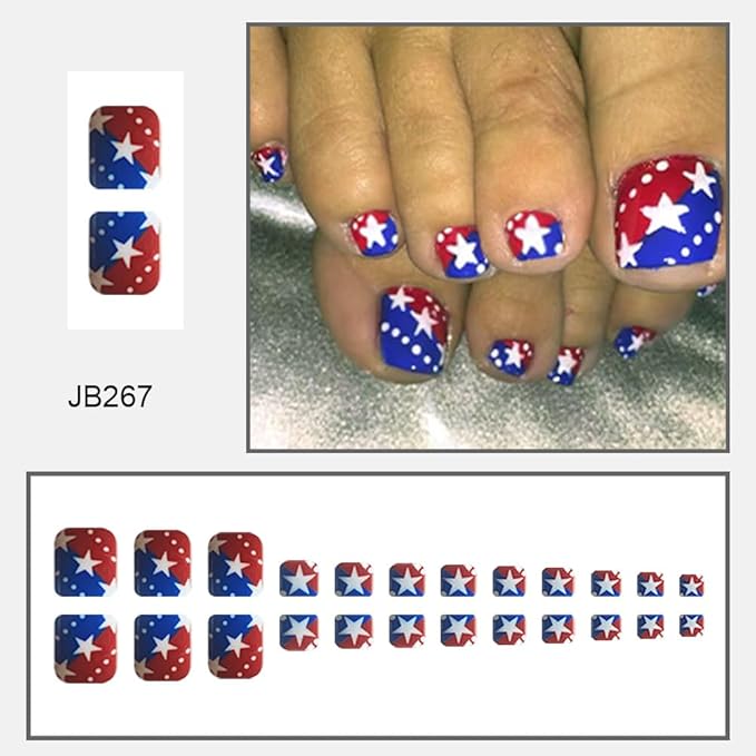 Independence Day Press on Toenails Short Square False Toe Nails with Red Blue USA Flag Designs Star Fake Toe Nails Summer Acrylic Toenails 4th of July Glue on Toe Nails for Women Girls Manicure 24Pcs