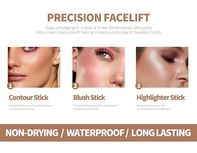 4PCS Contour Stick - Highlighter And Cream Blush Stick 4 Colors Kit - Moisturizer, Face Brightens & Shades Pencil, Facial Shaping Makeup Sticks for Older Women & Mature Skin-VivaGrace Women