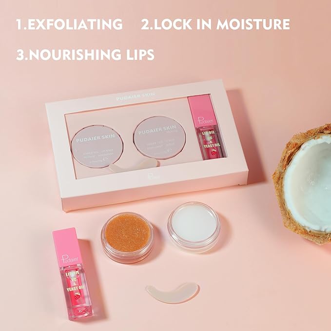 Pudaier 3Pcs Lip Care Kit with Coconut Lip Mask Caramel Lip Scrub Strawberry Lip Oil for Shiny and Nourishing Lips, Dry Lips Treatment, Moisturizing Lip Care For All Day Hydration-VivaGrace Women